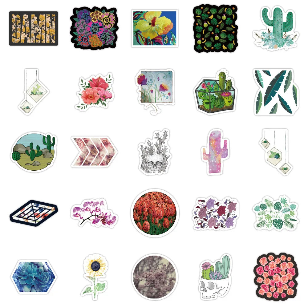 100PCS of fashionable and trendy cartoon color plant landscape graffiti stickers, personalized and creative decorative stickers, DIY laptops, refrigerators, suitcases, and popular decal toys