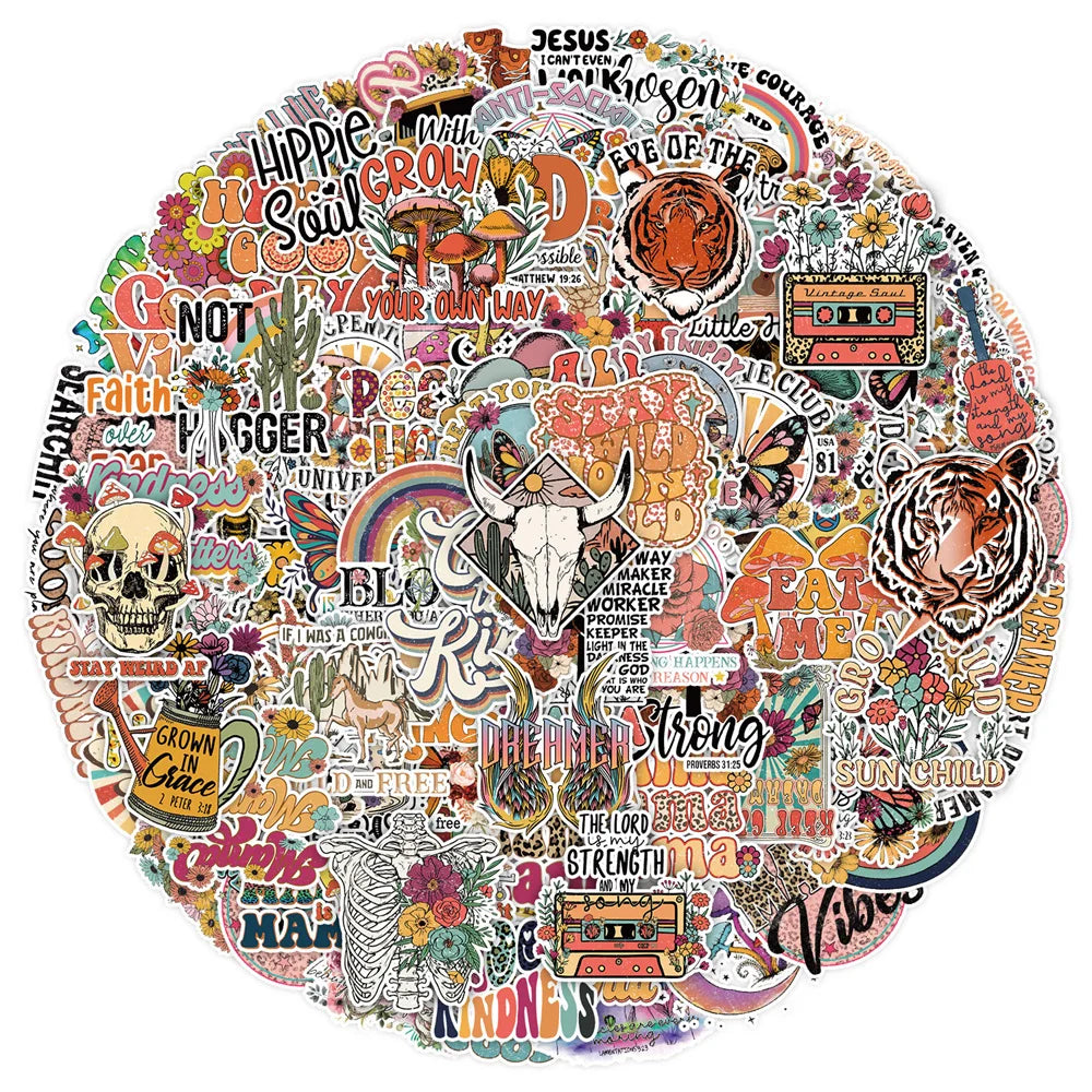 100PCS INS Retro Small Fresh Cartoon Graffiti Stickers Personalised Fashion Creative Trend DIY Fine Decorative Stickers Skateboard Helmet Guitar Fridge Popular Decals Toys