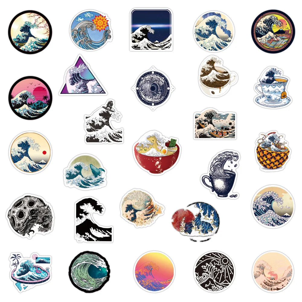50PCS Cartoon Beach Wave Sticker Graffiti iPad  Luggage Helmet  Guitar DIY Scrapbook Wall Sticker Toy Decoration