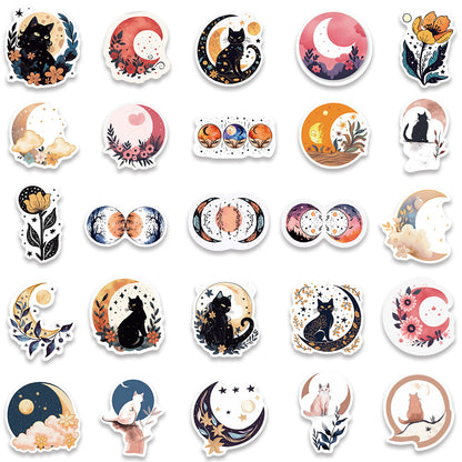 50PCS Moon & Cat Doodle Stickers - Celestial Night Adventure Vinyl Decals for Journals, Dream Catcher Kits & Cozy Bedroom Decor