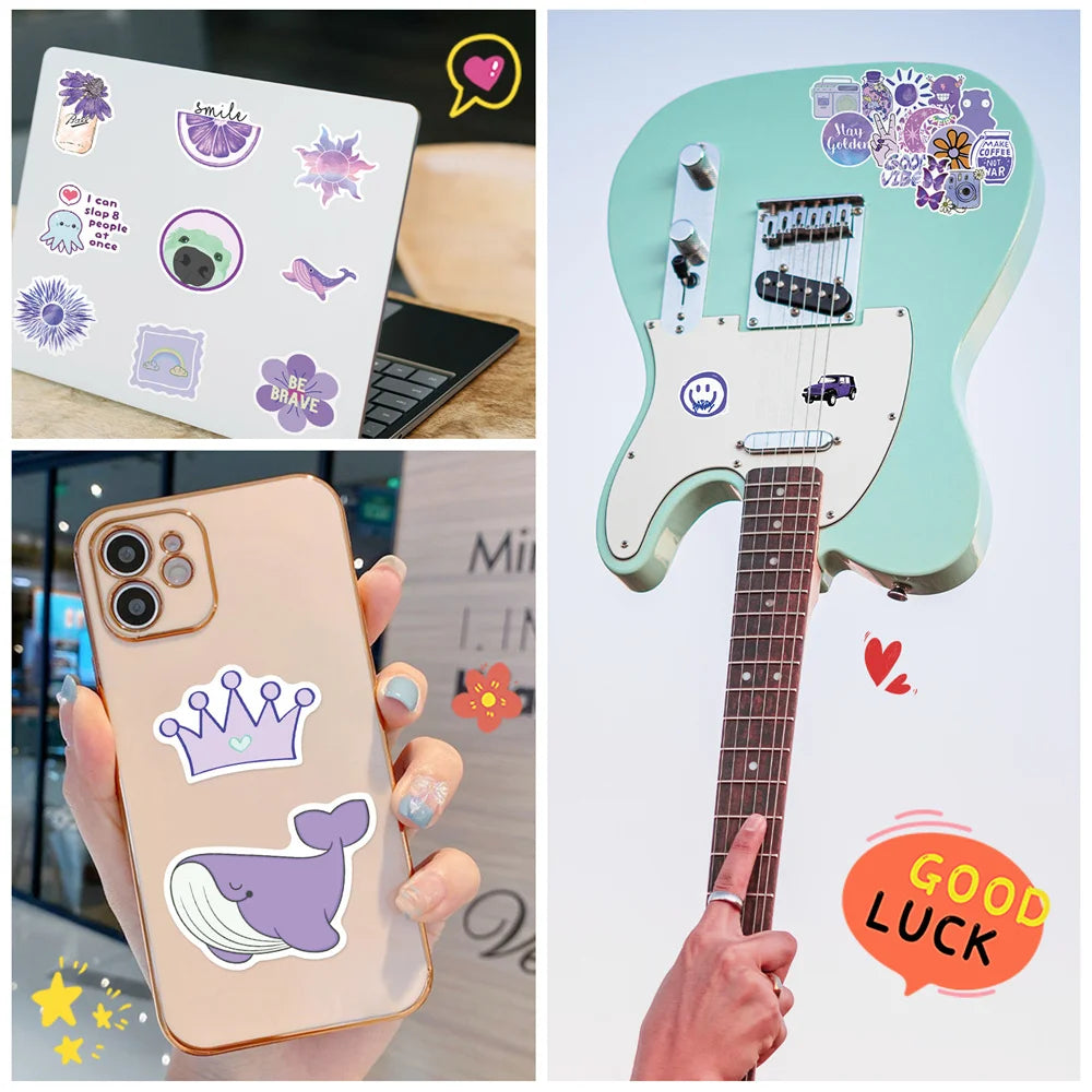 50PCS Purple Series Small Fresh Cartoon Art Stickers For Scooter Laptop Guitar Kids Toys PVC Kawaii Stickers