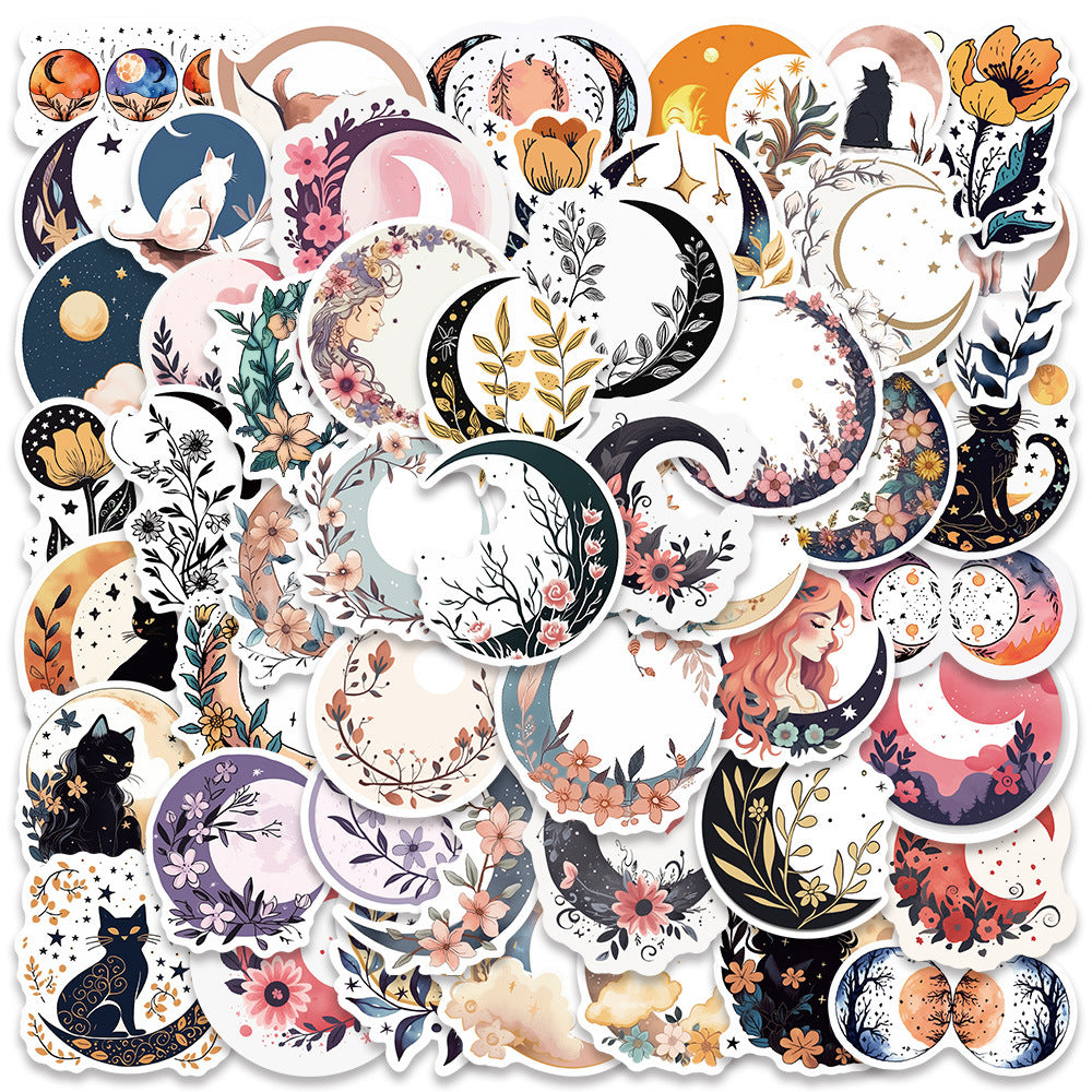 50PCS Moon & Cat Doodle Stickers - Celestial Night Adventure Vinyl Decals for Journals, Dream Catcher Kits & Cozy Bedroom Decor