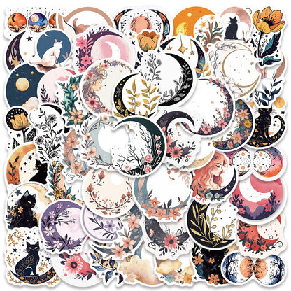 50PCS Moon & Cat Doodle Stickers - Celestial Night Adventure Vinyl Decals for Journals, Dream Catcher Kits & Cozy Bedroom Decor