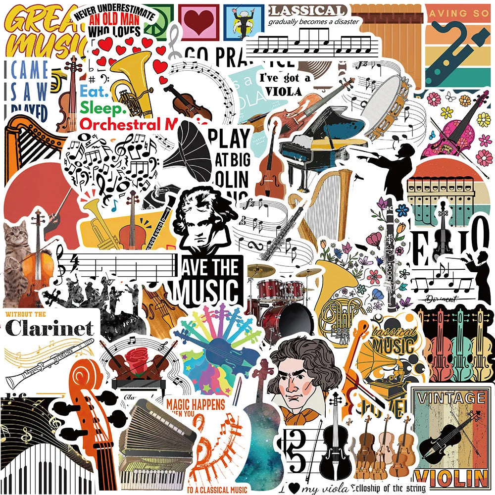52 pieces of orchestral instrument graffiti stickers, personalized, fashionable, creative, fresh and exquisite decorative, creative decal helmet, skateboard, water cup, guitar, popular sticker toys