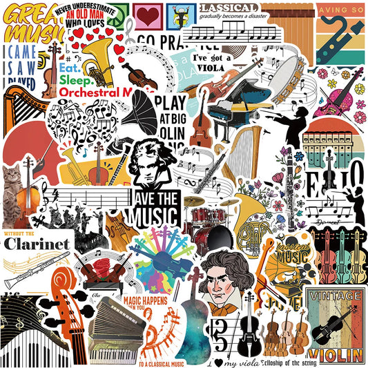 52 pieces of orchestral instrument graffiti stickers, personalized, fashionable, creative, fresh and exquisite decorative, creative decal helmet, skateboard, water cup, guitar, popular sticker toys