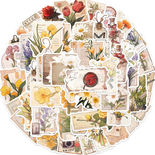 50PCS Classic Cartoon Flower Stickers - Vintage Botanical Decals for Journals, Planners, Water Bottles & Retro Craft Gifts