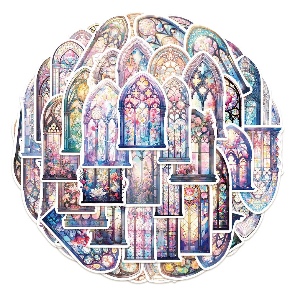 50PCS European Window Doodle Stickers, Vintage Architectural Cartoon Decals for a View to Another World