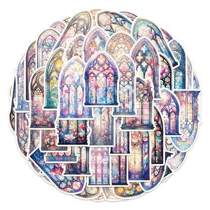 50PCS European Window Doodle Stickers, Vintage Architectural Cartoon Decals for a View to Another World