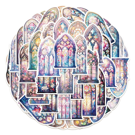 50PCS European Window Doodle Stickers, Vintage Architectural Cartoon Decals for a View to Another World