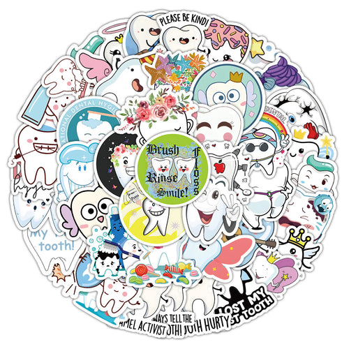 50PCS Dental Health Doodle Stickers, Cute Toothbrush & Cavity Fighter Cartoon Decals for Kids‘ Hygiene Education