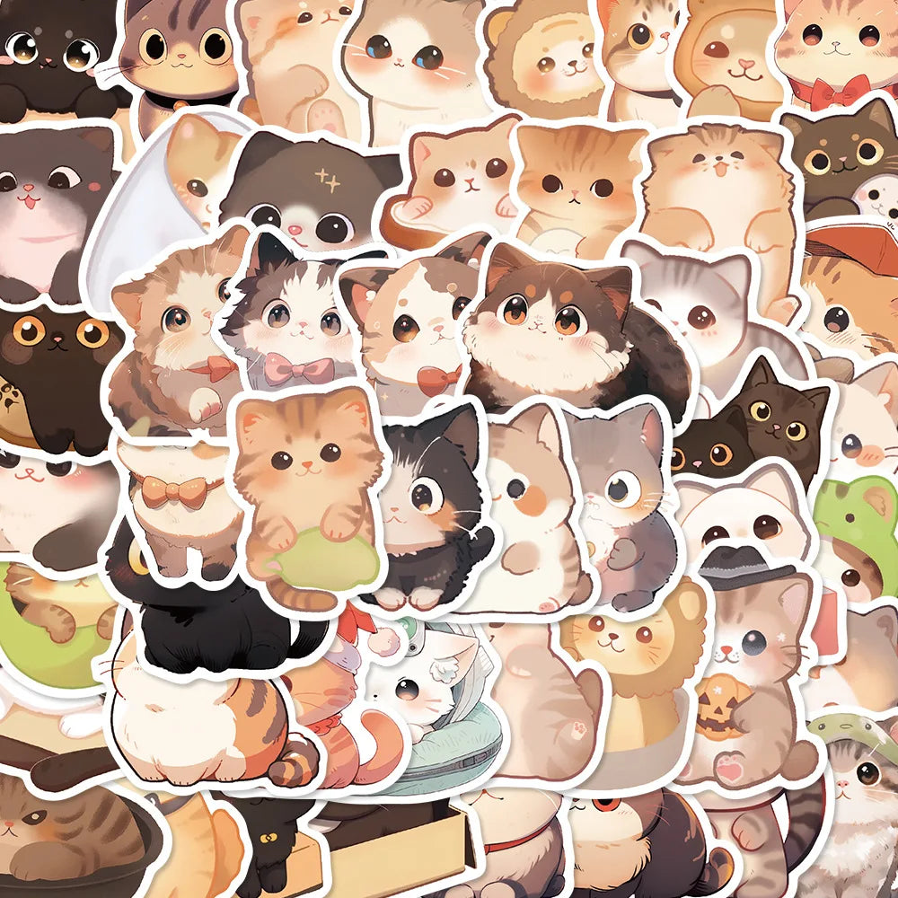 50PCS Cute Cartoon Cat Animal Doodle Stickers Exquisite Fashionable DIY Decorative Stickers for Notebooks Perfect for Suitcases, Laptops, Guitars, Chairs, Helmets, and Stationery Boxes