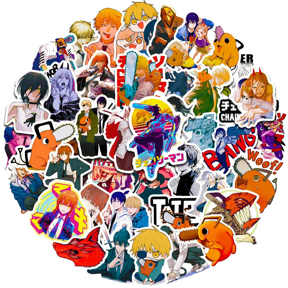 50 pieces of cartoon anime chainsaw man graffiti stickers, personalized, fashionable and creative DIY exquisite decorative stickers, refrigerator, water cup, helmet, guitar, skateboard, popular sticker toys