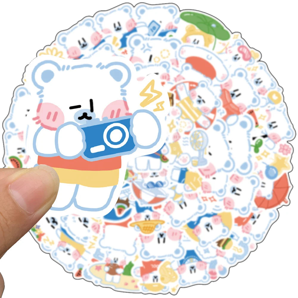 50PCS of cute cartoon white bear animal creative graffiti stickers, personalized and fashionable creative DIY exquisite decorative decals, bicycle, skateboard, car helmet, laptop, popular sticker toys