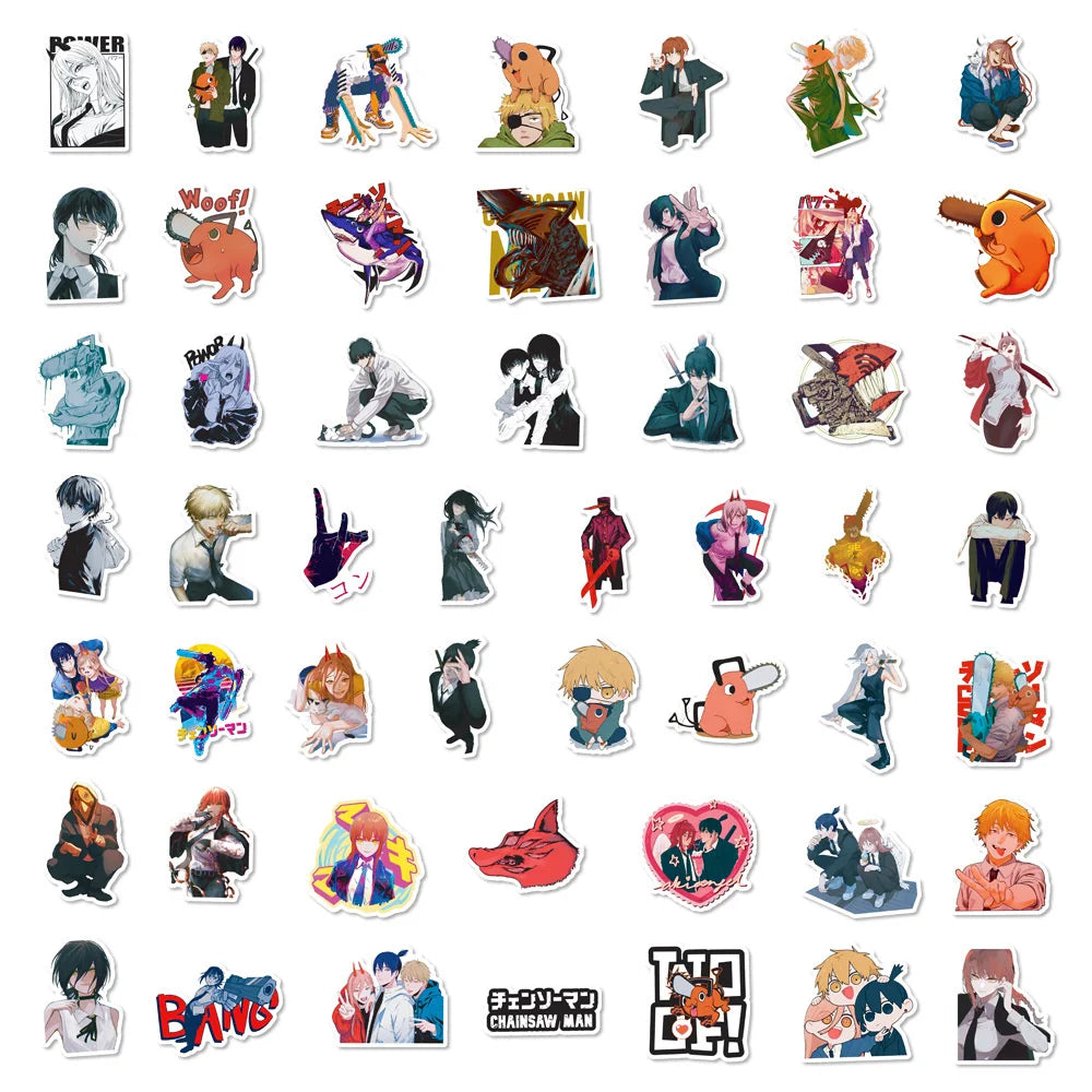 50 pieces of cartoon anime chainsaw man graffiti stickers, personalized, fashionable and creative DIY exquisite decorative stickers, refrigerator, water cup, helmet, guitar, skateboard, popular sticker toys