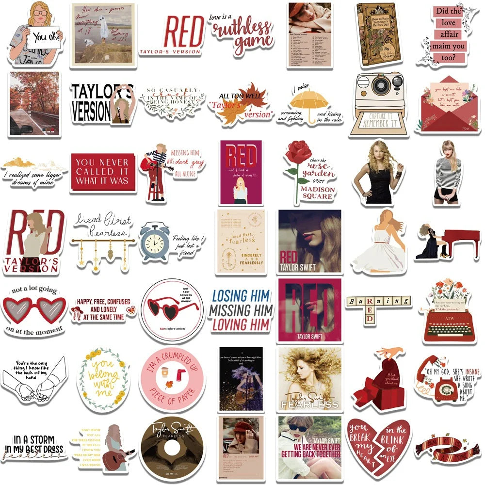 50PCS Red Fearless Taylor Cartoon Sticker for Luggage Laptop IPad Skateboard Gift Cup Journal Waterproof Sticker