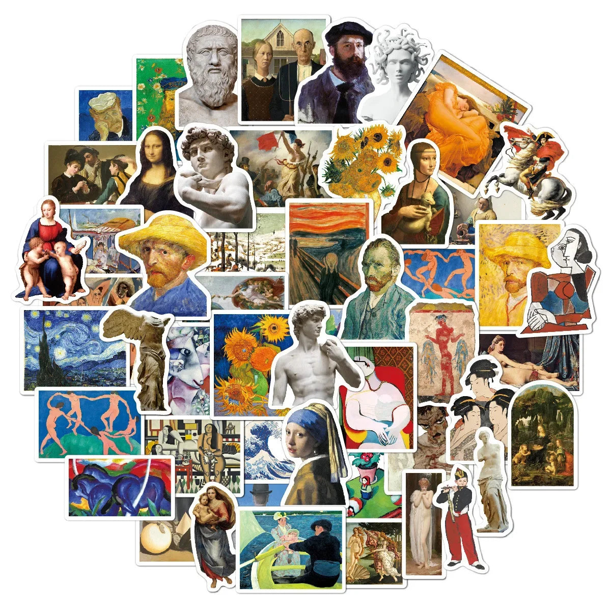 50 pieces of oil painting art Van Gogh Mona Lisa cartoon graffiti stickers, suitable for carry-on luggage, handbags, handbooks, phone cases, notebooks, decorative stickers and toys