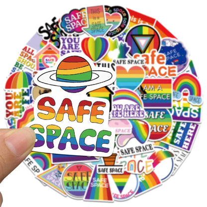 50PCS LGBTQ logo safety space rainbow graffiti stickers, personalized, fashionable and creative DIY exquisite decorative decals, refrigerator skateboard, water cup, helmet, guitar, popular stickers