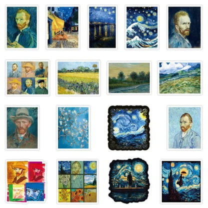 50PCS Cartoon Van Gogh Oil Painting Exhibition Diary Book Graffiti Luggage Laptop DIY Helmet Decoration Sticker