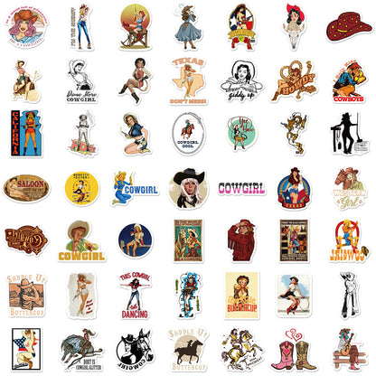 50PCS Retro Western Fashion Stickers, Stylish Cowgirl & Ranch Doodles for Denim Jackets, Boots, and Boho Decor