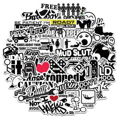 50PCS Cartoon JDM Text Trend Creative Graffiti Sticker Bike Skateboard Car Helmet Laptop Computer