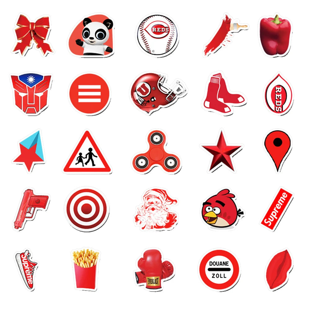 50PCS of red series cartoon graffiti stickers, personalized, fashionable, creative, exquisite and trendy DIY decorative stickers for bags, motorcycles, laptops, cars and popular toys