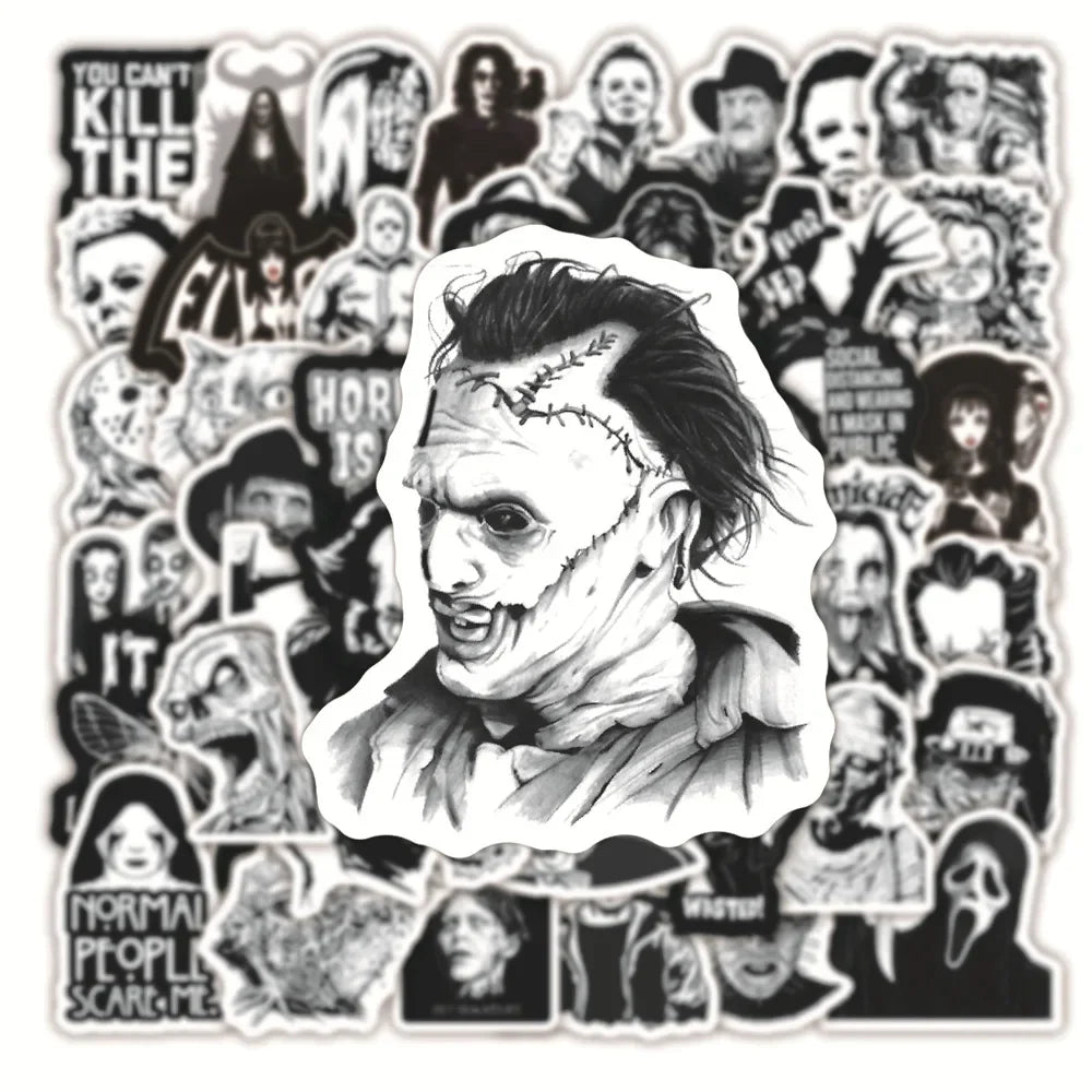 50PCS Black and White Horror Movie Theme Graffiti Waterproof Sticker Luggage Guitar Laptop Skateboard Helmet
