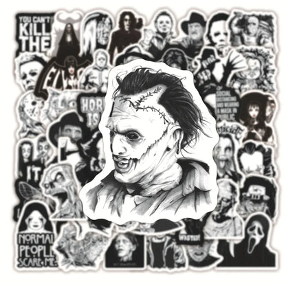 50PCS Black and White Horror Movie Theme Graffiti Waterproof Sticker Luggage Guitar Laptop Skateboard Helmet