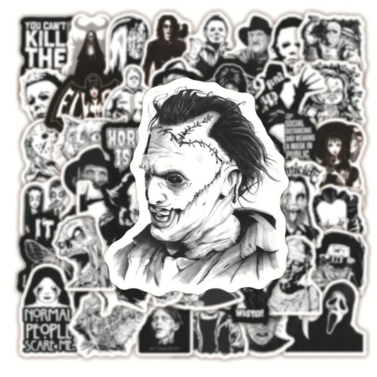 50PCS Black and White Horror Movie Theme Graffiti Waterproof Sticker Luggage Guitar Laptop Skateboard Helmet