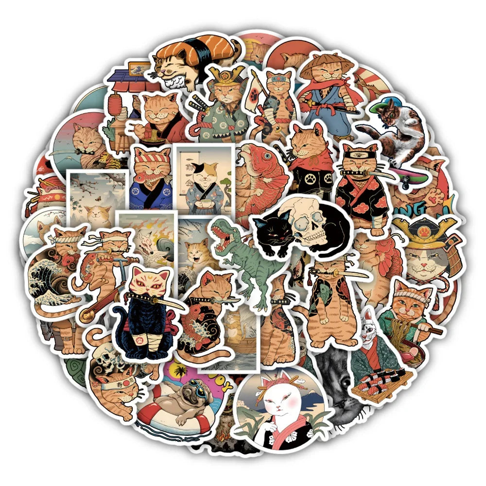 50 pieces of cartoon, anime, samurai cat graffiti stickers, personalized, fashionable and creative DIY decorative stickers, guitar, computer, skateboard, helmet, popular decal toys