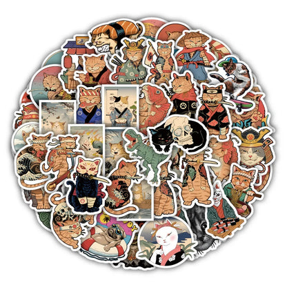 50 pieces of cartoon, anime, samurai cat graffiti stickers, personalized, fashionable and creative DIY decorative stickers, guitar, computer, skateboard, helmet, popular decal toys