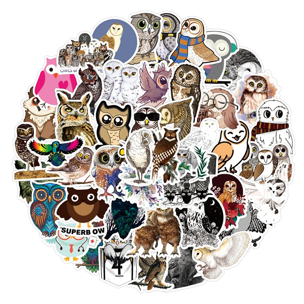 50PCS Cartoon Cute Owl Sticker Waterproof Notebook Scooter Trunk Guitar Refrigerator Water Cup Helmet Personality