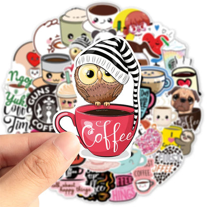 50 pieces of cartoon coffee personalized graffiti stickers, personalized fashion and creative DIY trend decorative stickers, suitable for refrigerator, guitar, helmet, skateboard, popular and exquisite decal toys