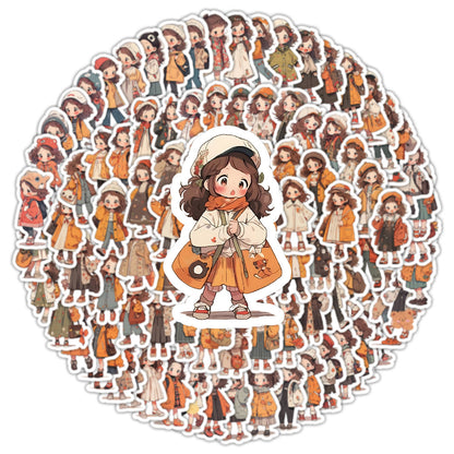 100PCS Autumn Wardrobe Doodle Stickers, Bulk Cute Cartoon Character Decals with Cozy Fall Outfits for Crafts