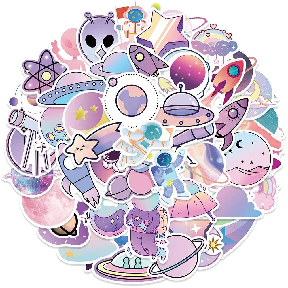 50PCS Cartoon Purple Gradient Planet Graffiti Helmet Water Cup DIY Waterproof Reward Sticker Notebook  Suitcase