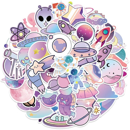 50PCS Cartoon Purple Gradient Planet Graffiti Helmet Water Cup DIY Waterproof Reward Sticker Notebook  Suitcase