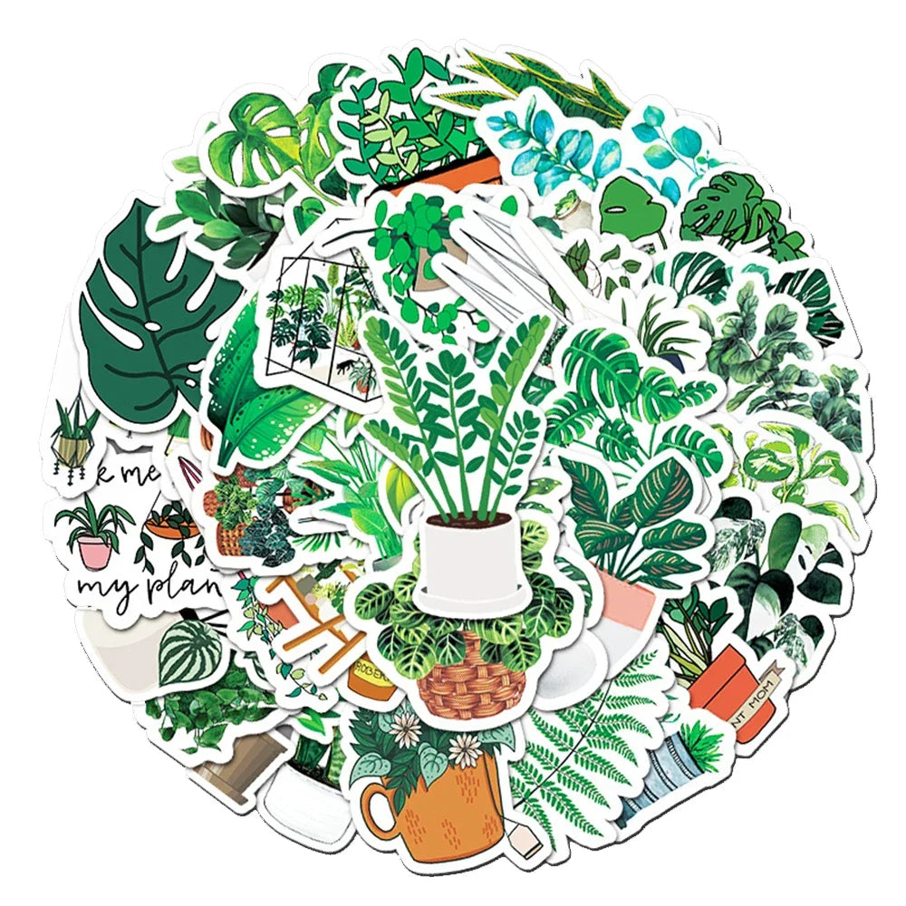 50PCS Cartoon Green Plants Ins Wind Decorative Plant Graffiti Stickers Luggage Tablet Car Creative Stickers
