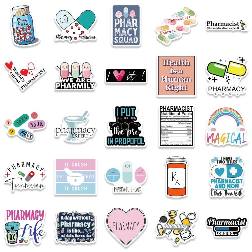 50PCS Cartoon Pharmacist Sticker Personalized Decoration Luggage Compartment Notebook Guitar Water Cup Waterproof