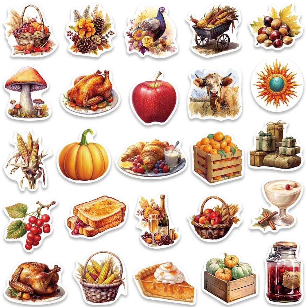 50PCS Thanksgiving Feast Stickers, Bountiful Harvest Food Cartoon Doodles for Holiday Tables and Family Celebrations