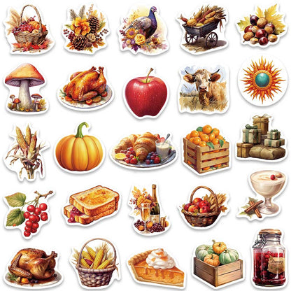 50PCS Thanksgiving Feast Stickers, Bountiful Harvest Food Cartoon Doodles for Holiday Tables and Family Celebrations