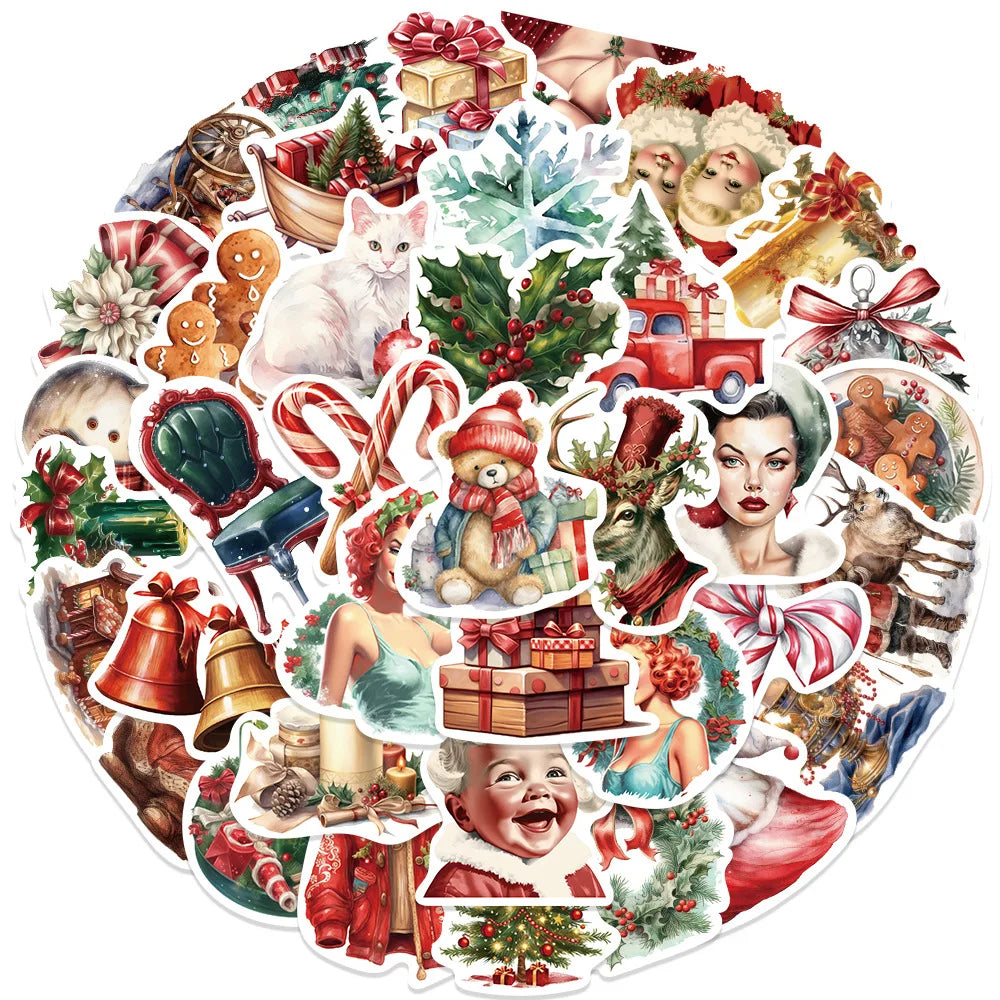 50PCS Retro Christmas Doodle Stickers - Vintage Holiday Vinyl Decals for Gift Wrapping, Scrapbooking & Festive DIY Crafts