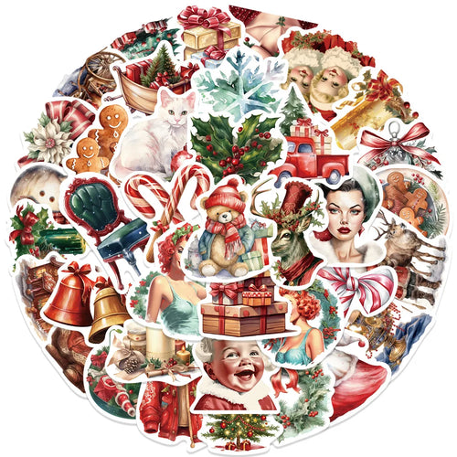 50PCS Retro Christmas Doodle Stickers - Vintage Holiday Vinyl Decals for Gift Wrapping, Scrapbooking & Festive DIY Crafts