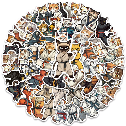 50PCS Samurai Cat Doodle Stickers, Cute Warrior Kitty Cartoon Decals for Kawaii Lovers and Japanese Culture Fans