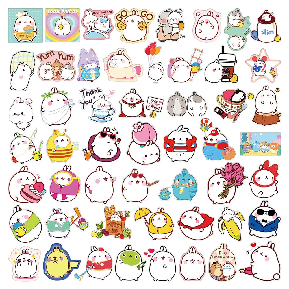 50 pieces of cute cartoon round rolling rabbit graffiti stickers, personalized, fashionable and creative DIY exquisite and trendy decorative decals, refrigerator, skateboard, water cup, helmet, guitar, popular sticker toys