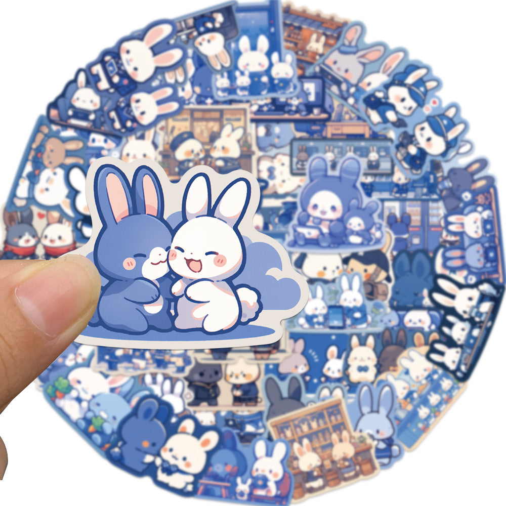 50PCS Blue Bunny Doodle Stickers, Serene Cartoon Rabbit Decals for Calm Vibes, Journals, and Kawaii Collections