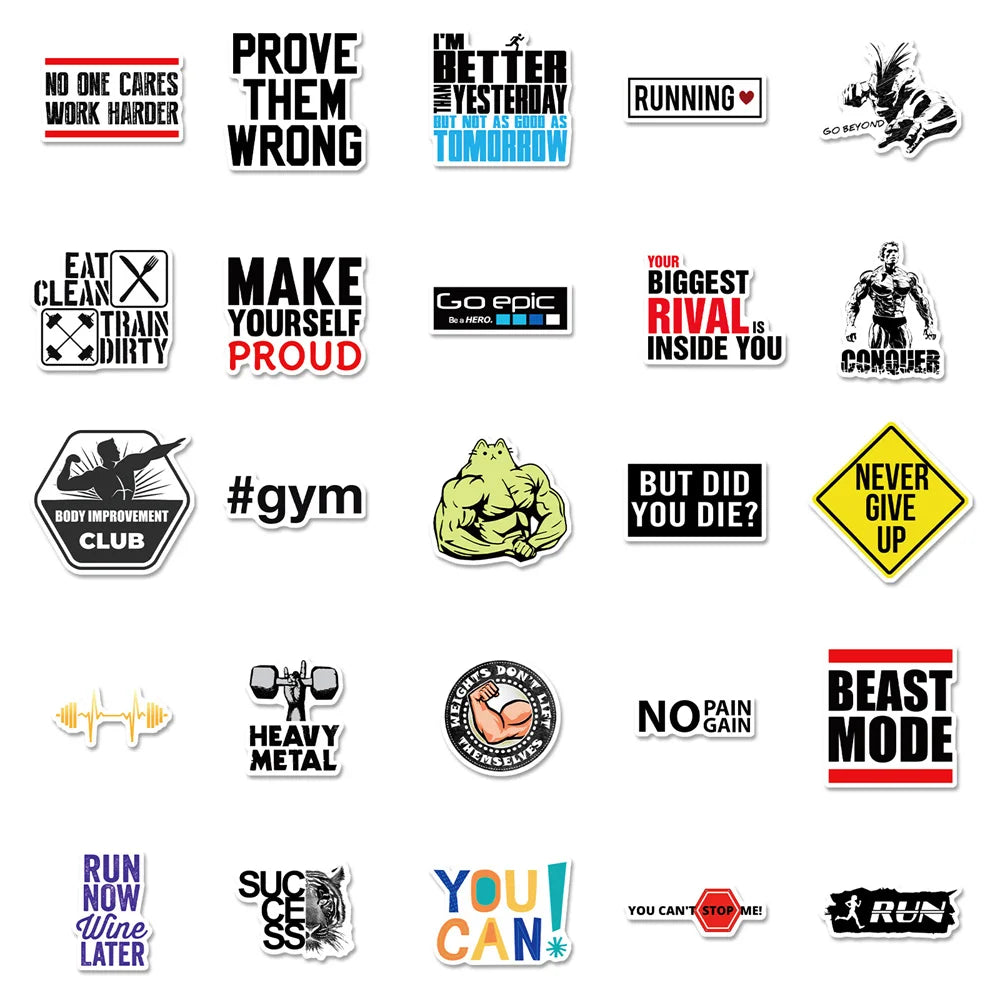 50PCS Fitness Inspirational Culture Cartoon Graffiti Waterproof Stickers Creative Decoration Fashion HelmetDecals