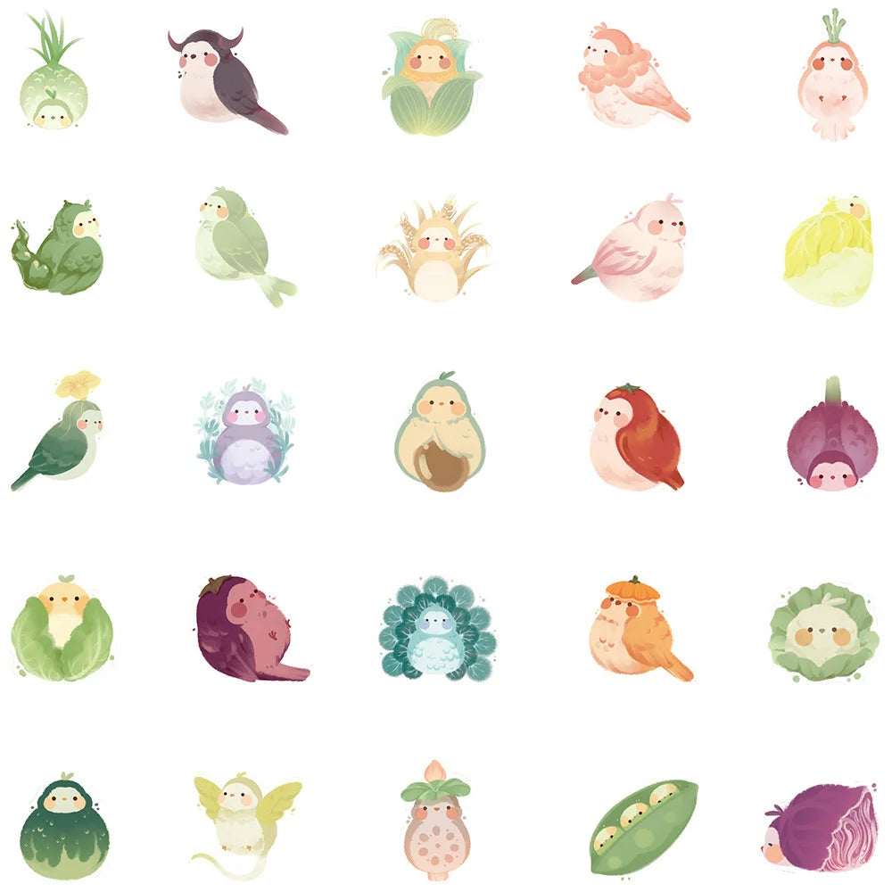 40PCS Cartoon Cute Vegetables Bird Doodle Stickers Personalized Creative Decorative Stickers Luggage Laptop Guitar Helmet Skateboard Fashion Popular Toys Gift Decals