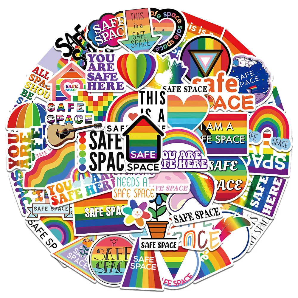 50PCS LGBTQ logo safety space rainbow graffiti stickers, personalized, fashionable and creative DIY exquisite decorative decals, refrigerator skateboard, water cup, helmet, guitar, popular stickers