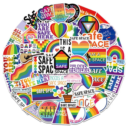 50PCS LGBTQ logo safety space rainbow graffiti stickers, personalized, fashionable and creative DIY exquisite decorative decals, refrigerator skateboard, water cup, helmet, guitar, popular stickers