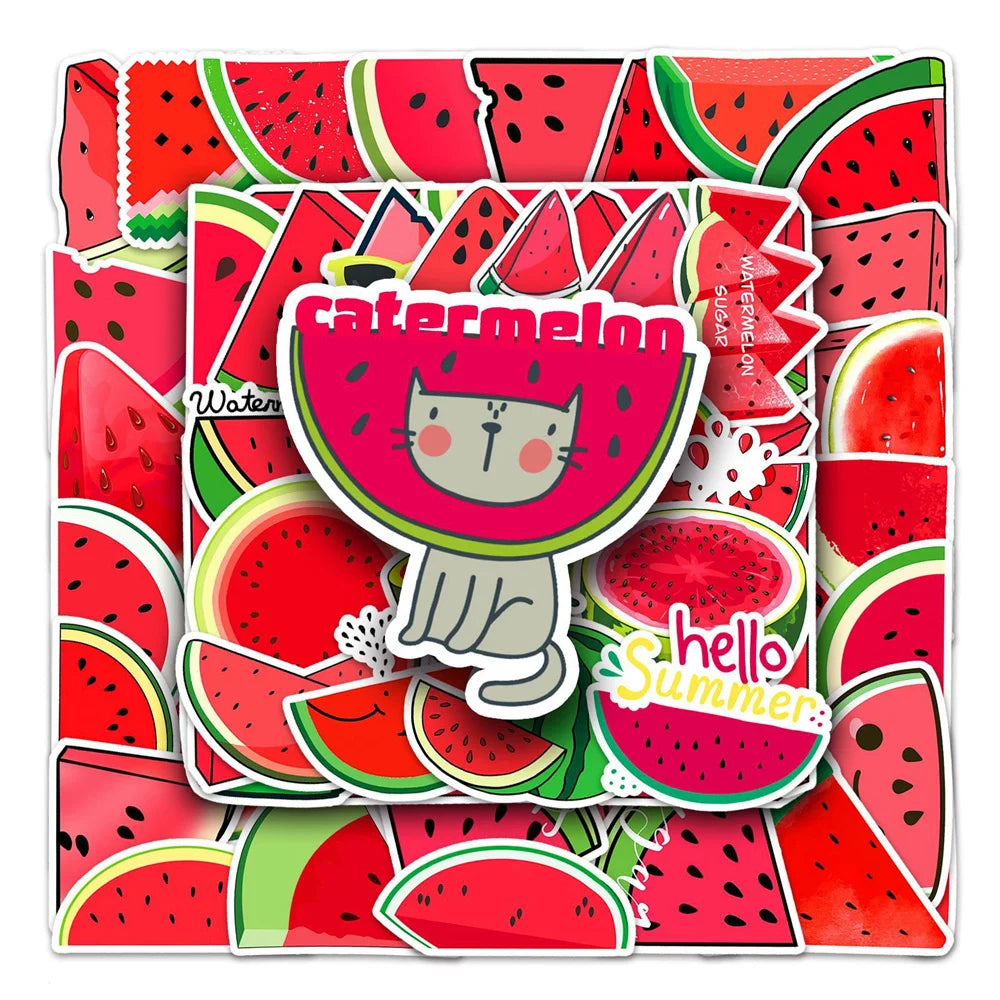50PCS Watermelon Fruit Stickers - Summer Cartoon Decals for Water Bottles, Laptops, Pool Party Favors & Summer Vacation Gifts