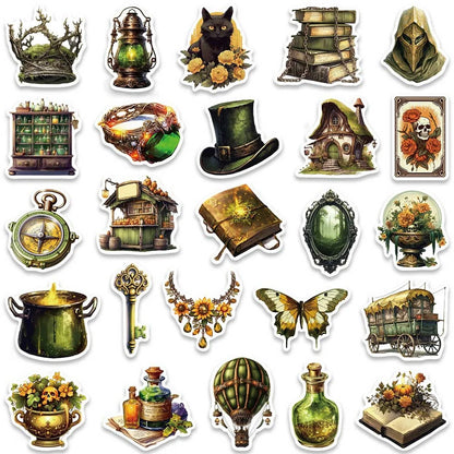 50PCS Jungle Magic Doodle Stickers, Vintage Cartoon Flora & Mystical Creature Decals for Adventurous Planners
